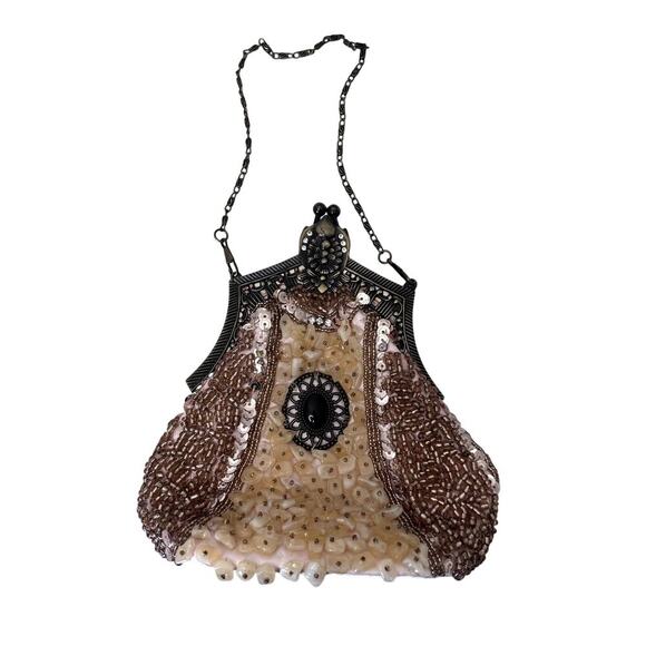 mygift Handbags - Vintage Inspired Brown Tan Blush Beaded Evening Bag Purse